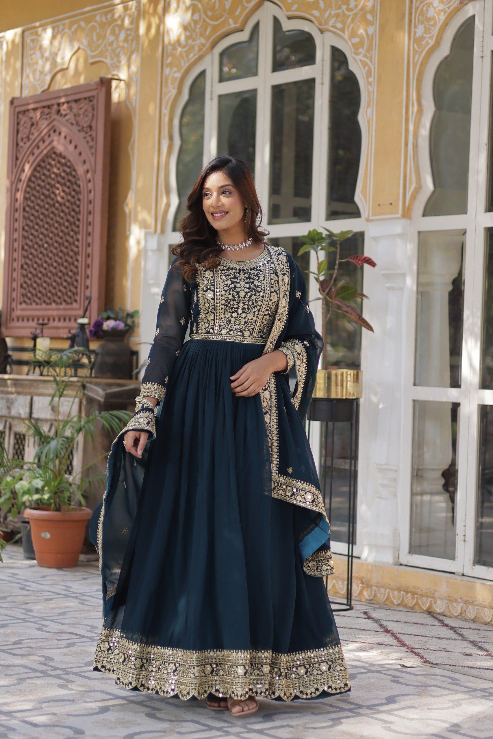 Faux Blooming embroidered gown with zari sequins work and lace border dupatta for women