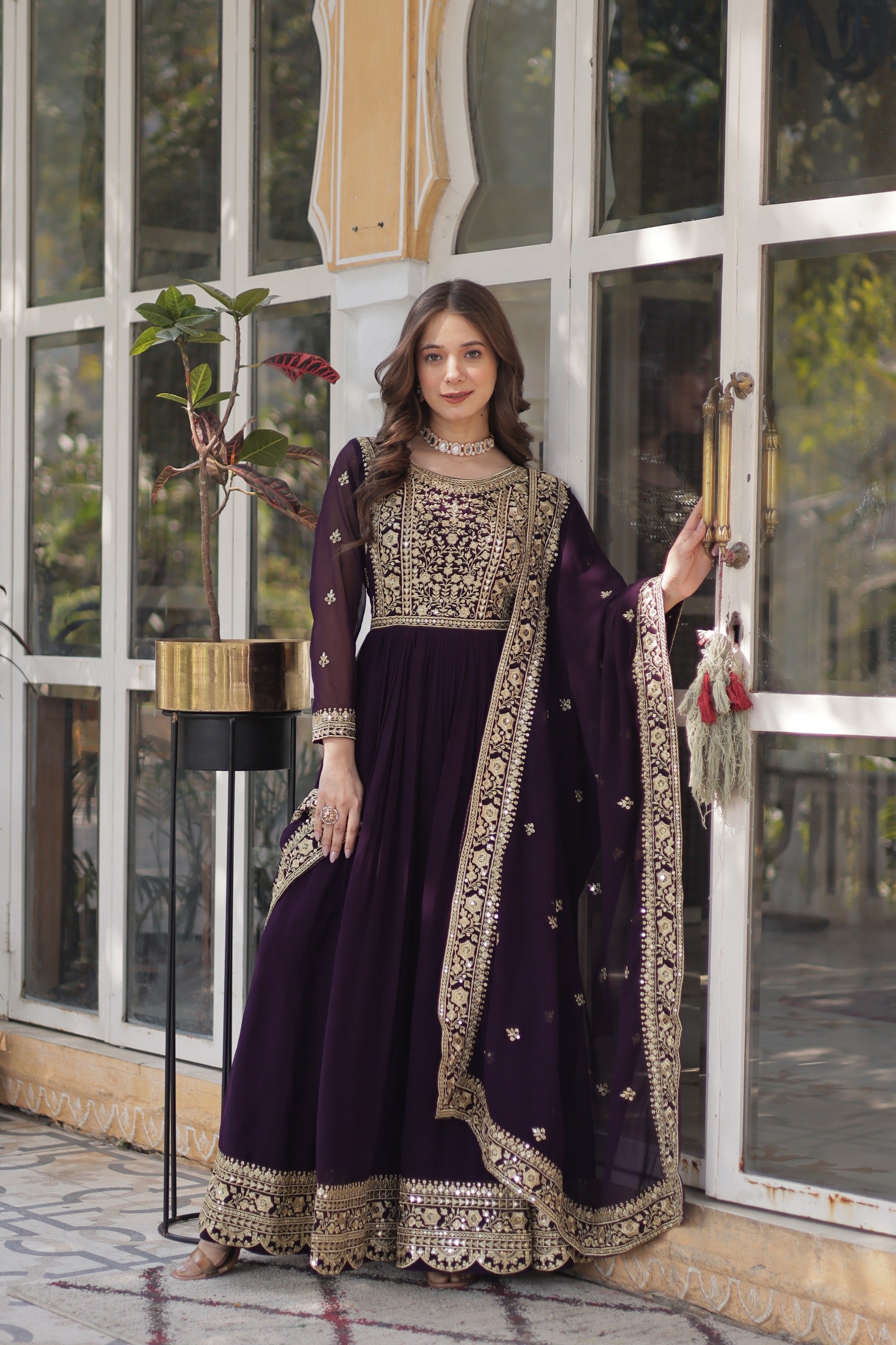 Faux Blooming embroidered gown with zari sequins work and lace border dupatta for women