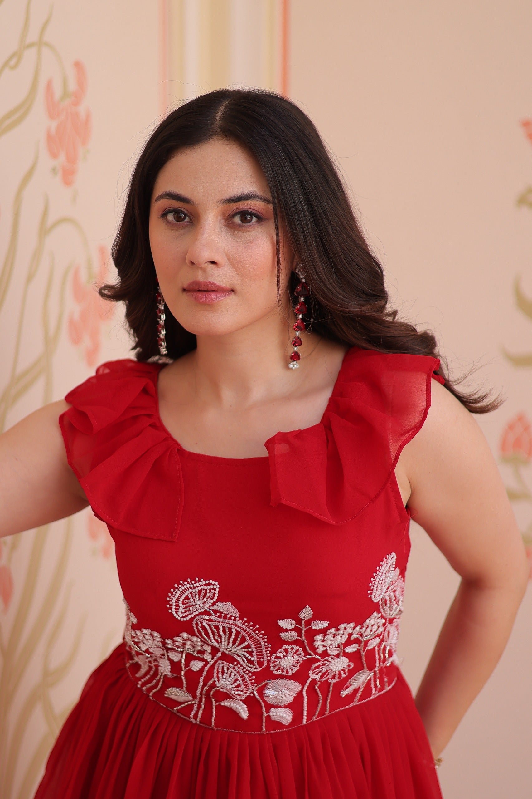 Faux Blooming beads embroidered sleeveless gown with 3.5 meter flair