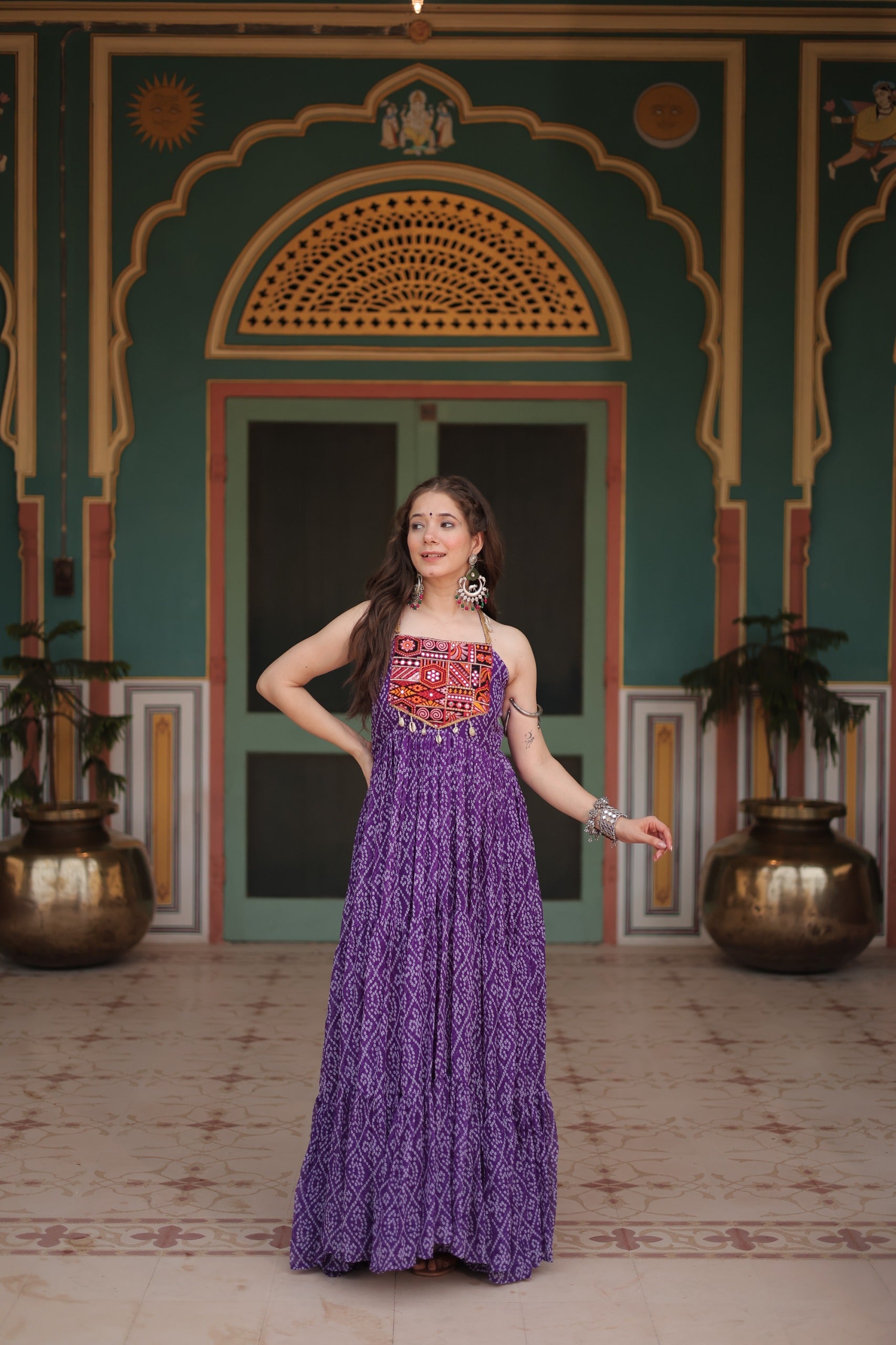 Bandhani print Kutch patchwork sleeveless georgette gown with 12-meter flair