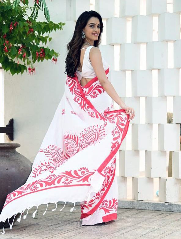 Pure Linen White N Red Color Saree with Digital Print in  Flower Design