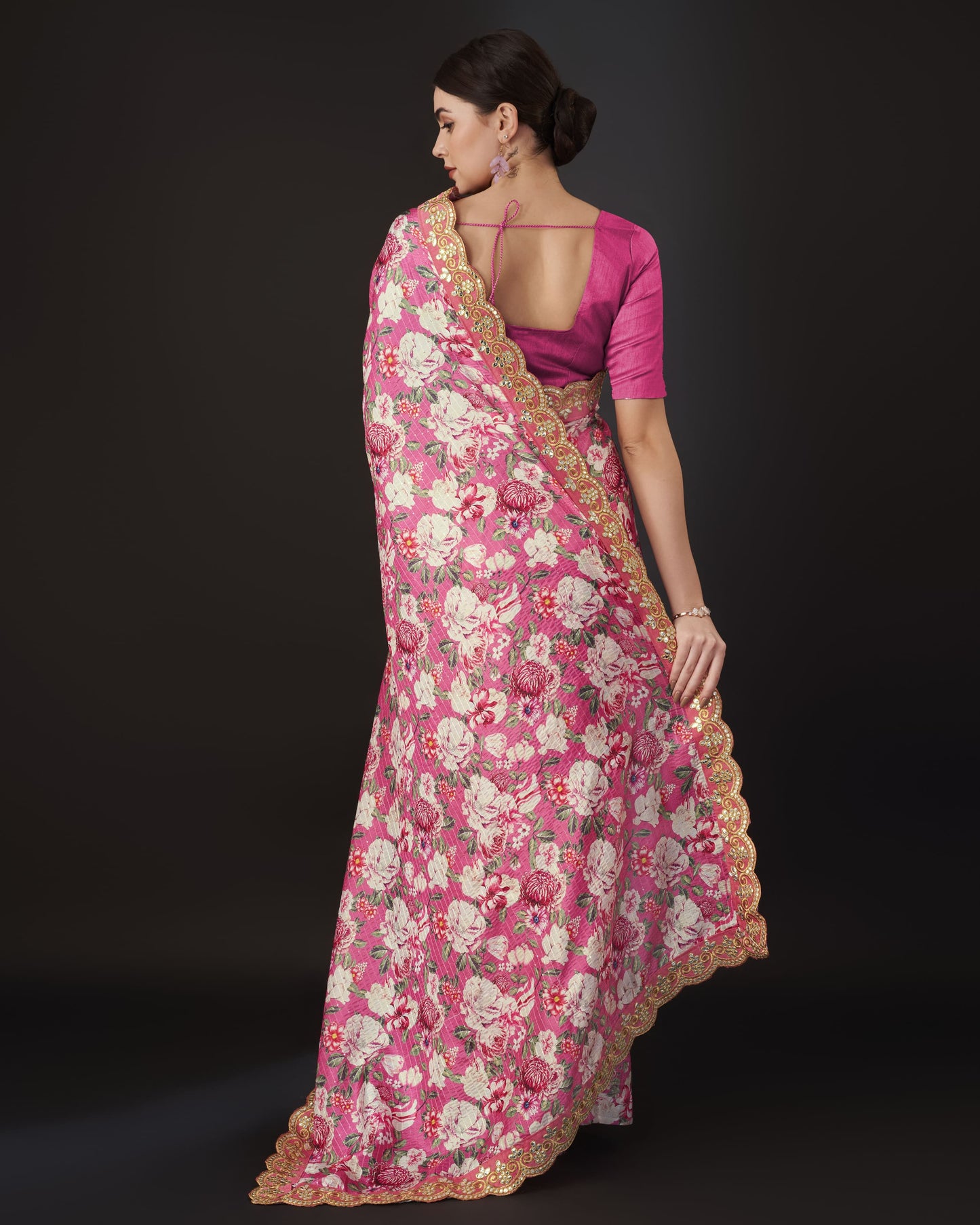 Pink Color Vichitra Silk Saree Cro-Chet work with Digital Print