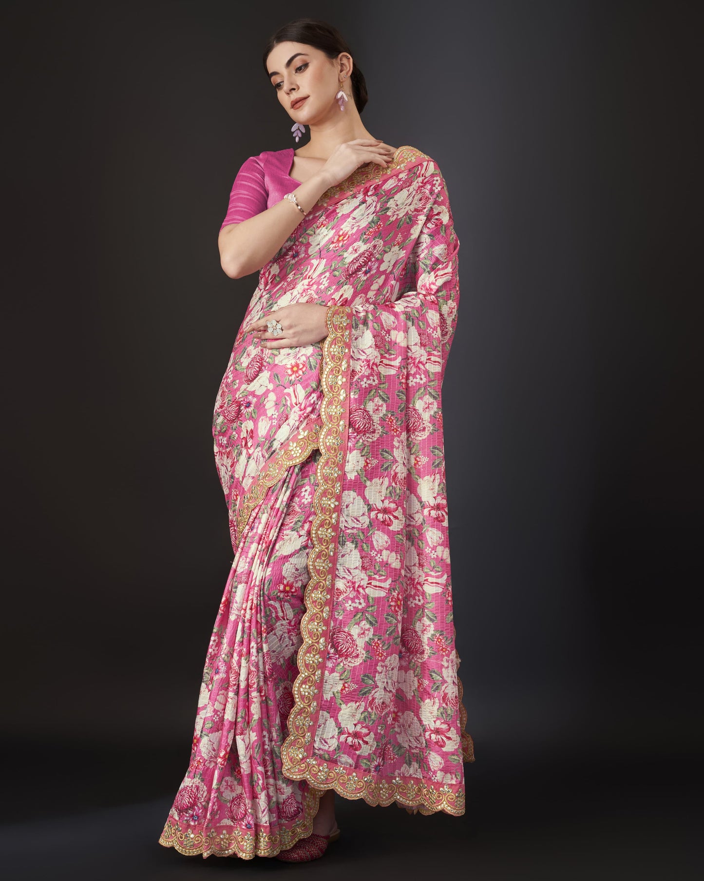 Pink Color Vichitra Silk Saree Cro-Chet work with Digital Print