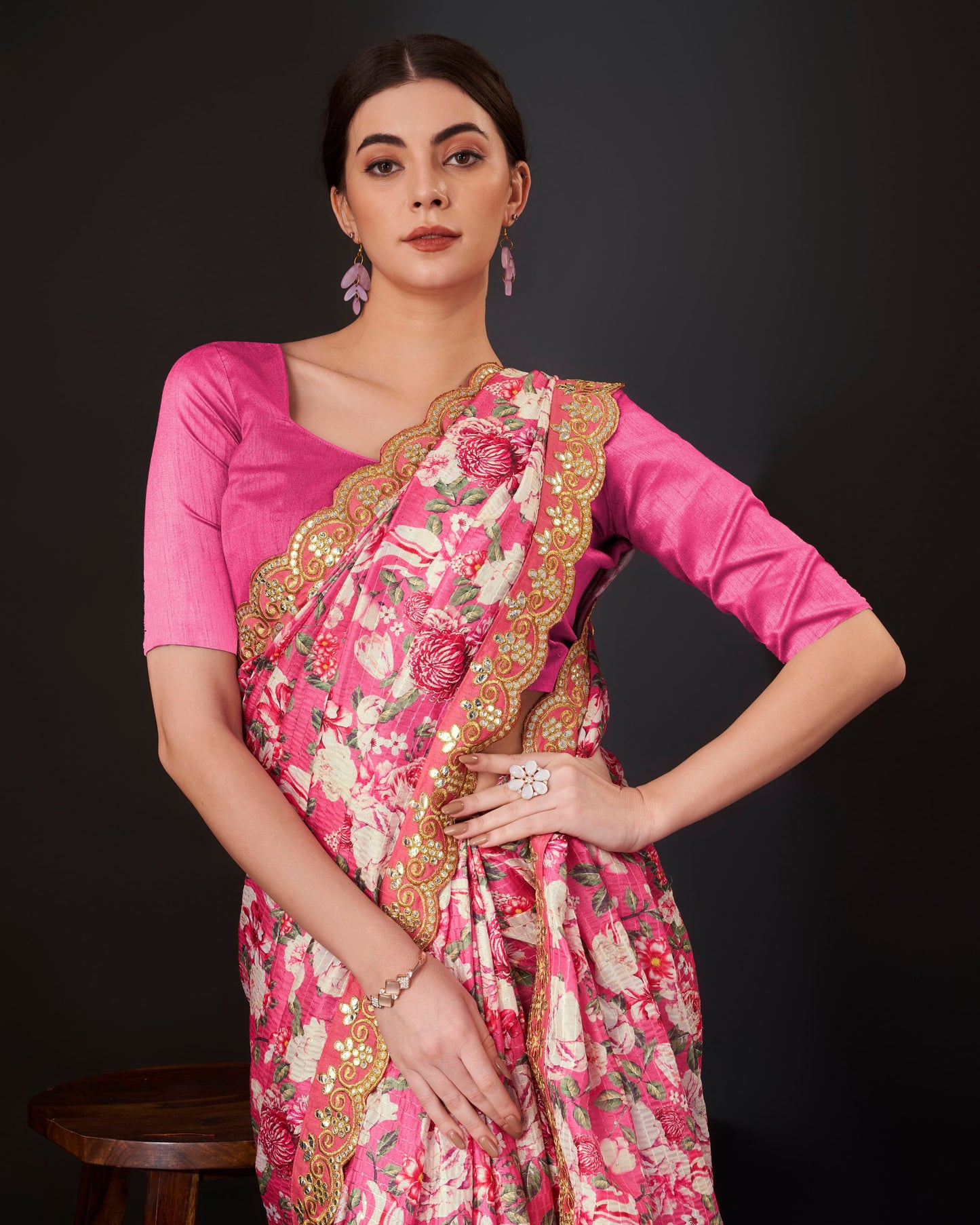 Pink Color Vichitra Silk Saree Cro-Chet work with Digital Print