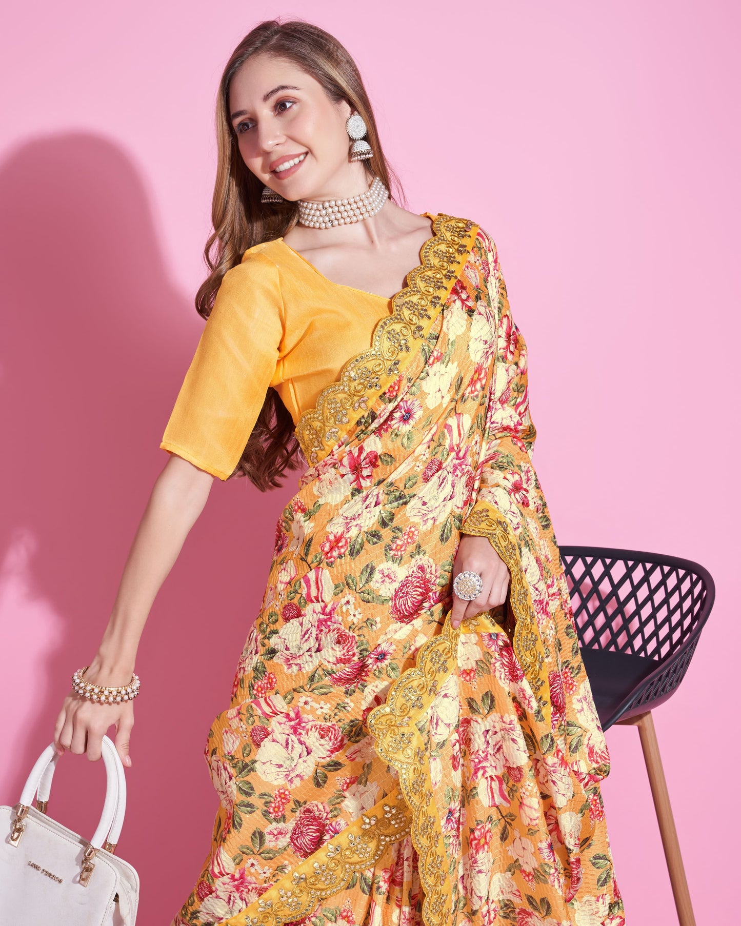 Yellow Color Vichitra Silk Saree Cro-Chet work with Digital Print