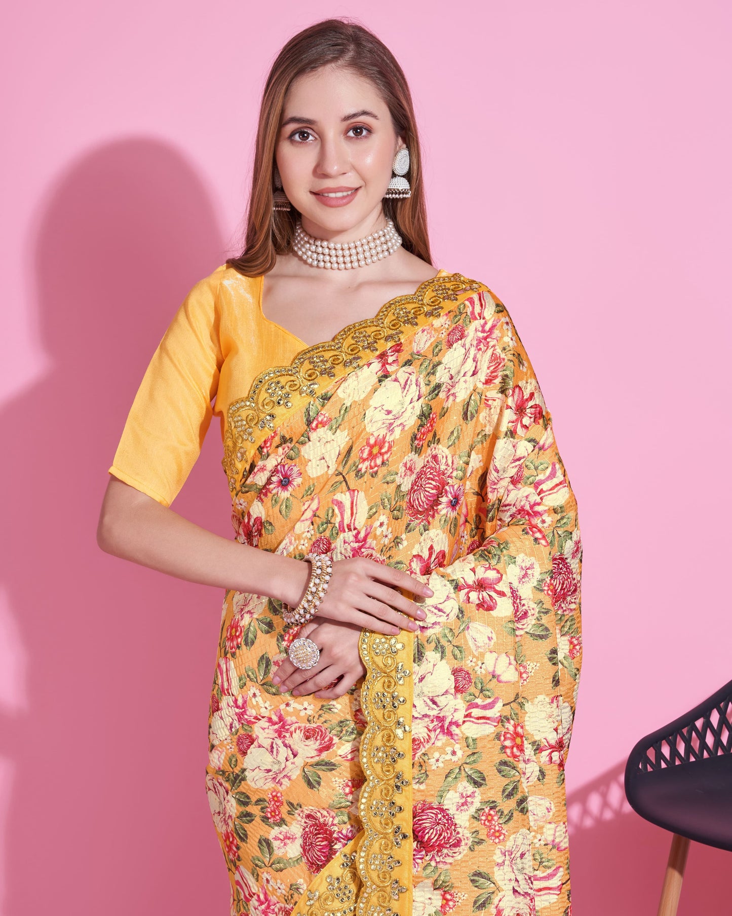 Yellow Color Vichitra Silk Saree Cro-Chet work with Digital Print