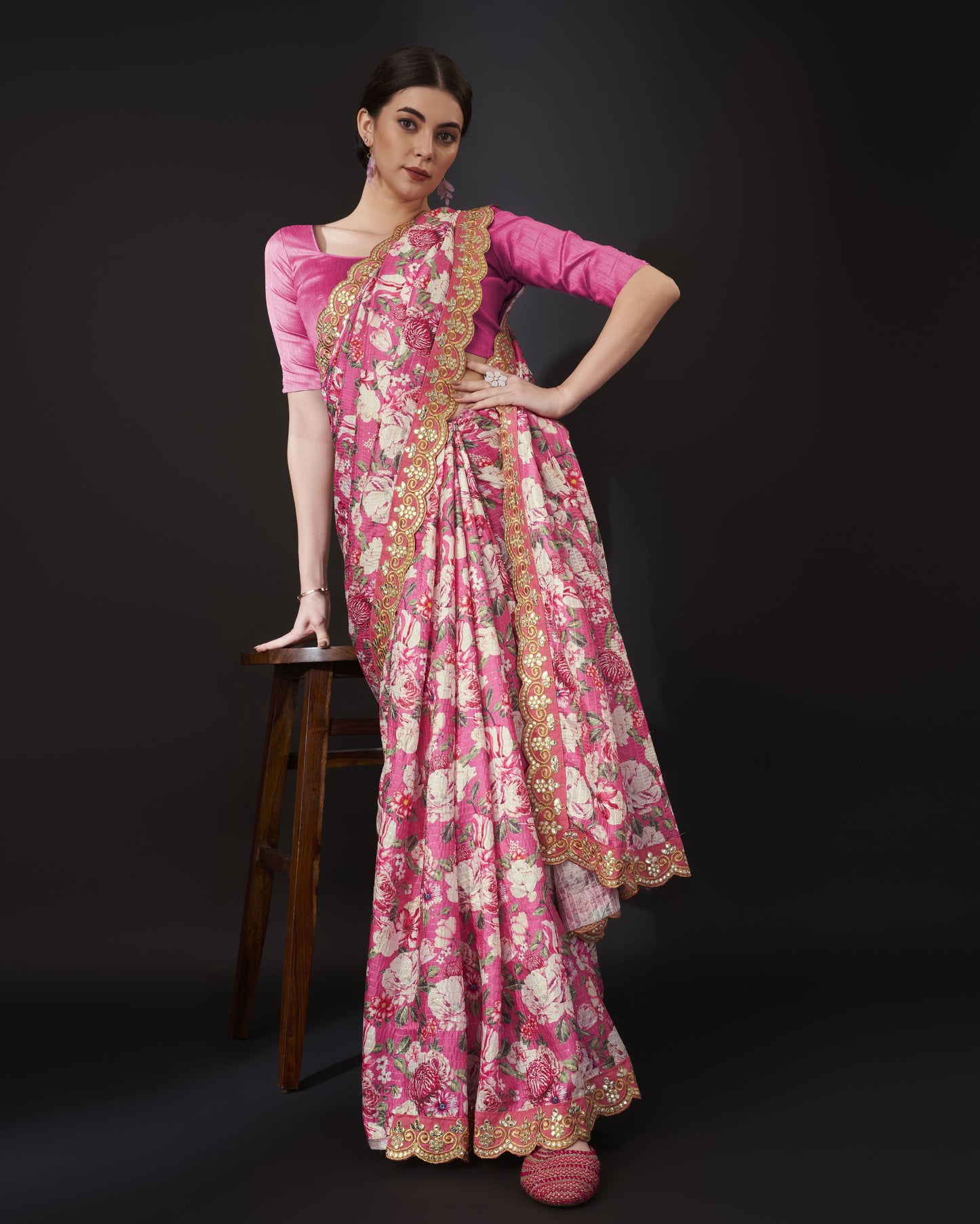 Pink Color Vichitra Silk Saree Cro-Chet work with Digital Print