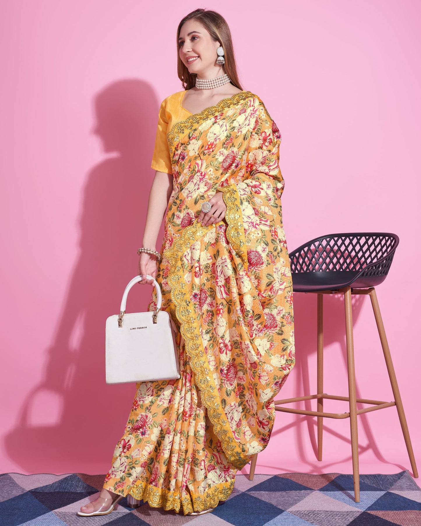 Yellow Color Vichitra Silk Saree Cro-Chet work with Digital Print