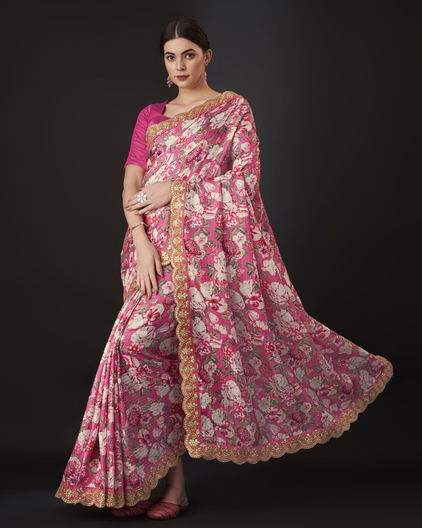 Pink Color Vichitra Silk Saree Cro-Chet work with Digital Print