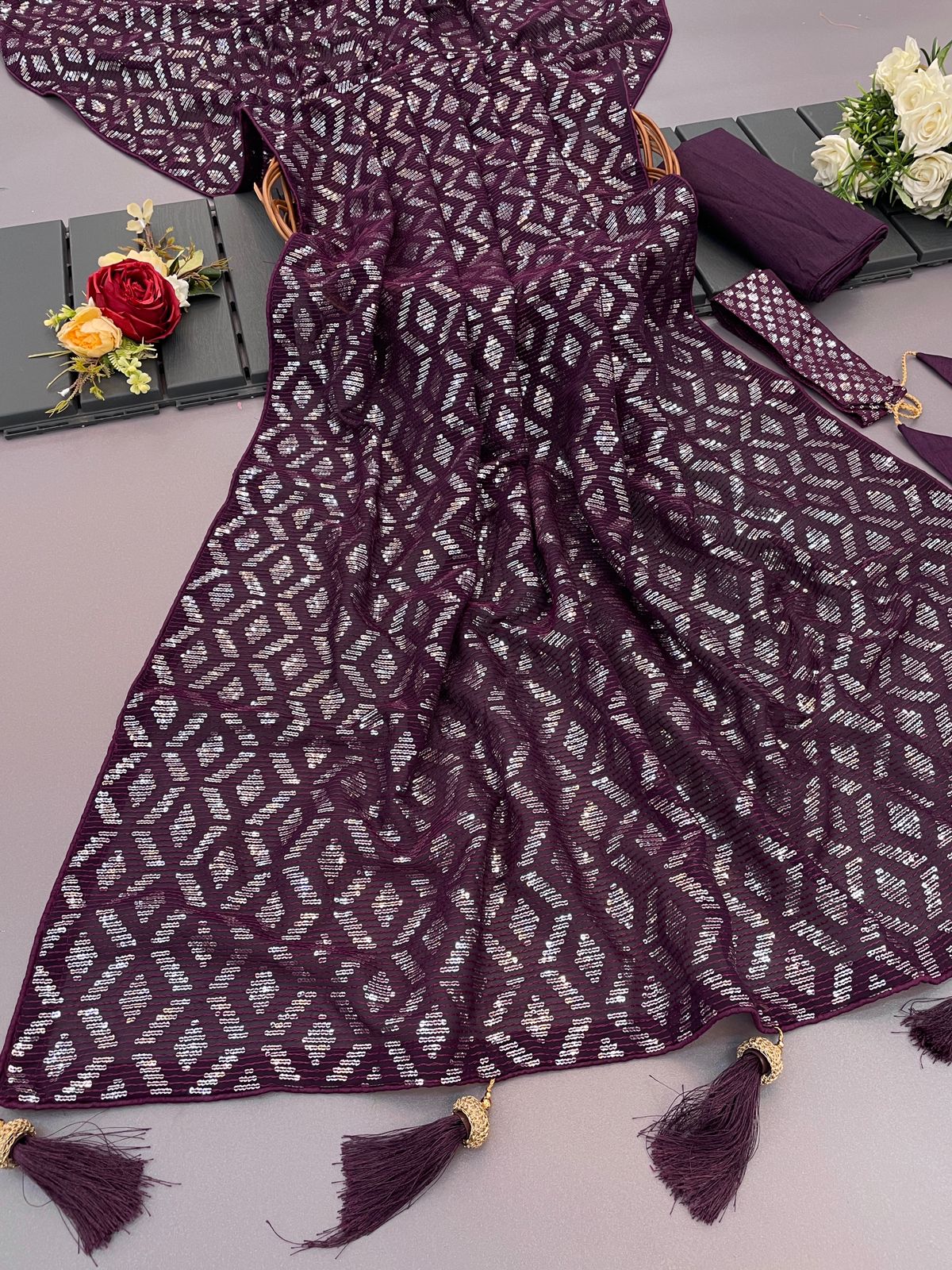 Muskan  Sarees: Wine Soft Georgette with c pallu 3mm beautiful sequence