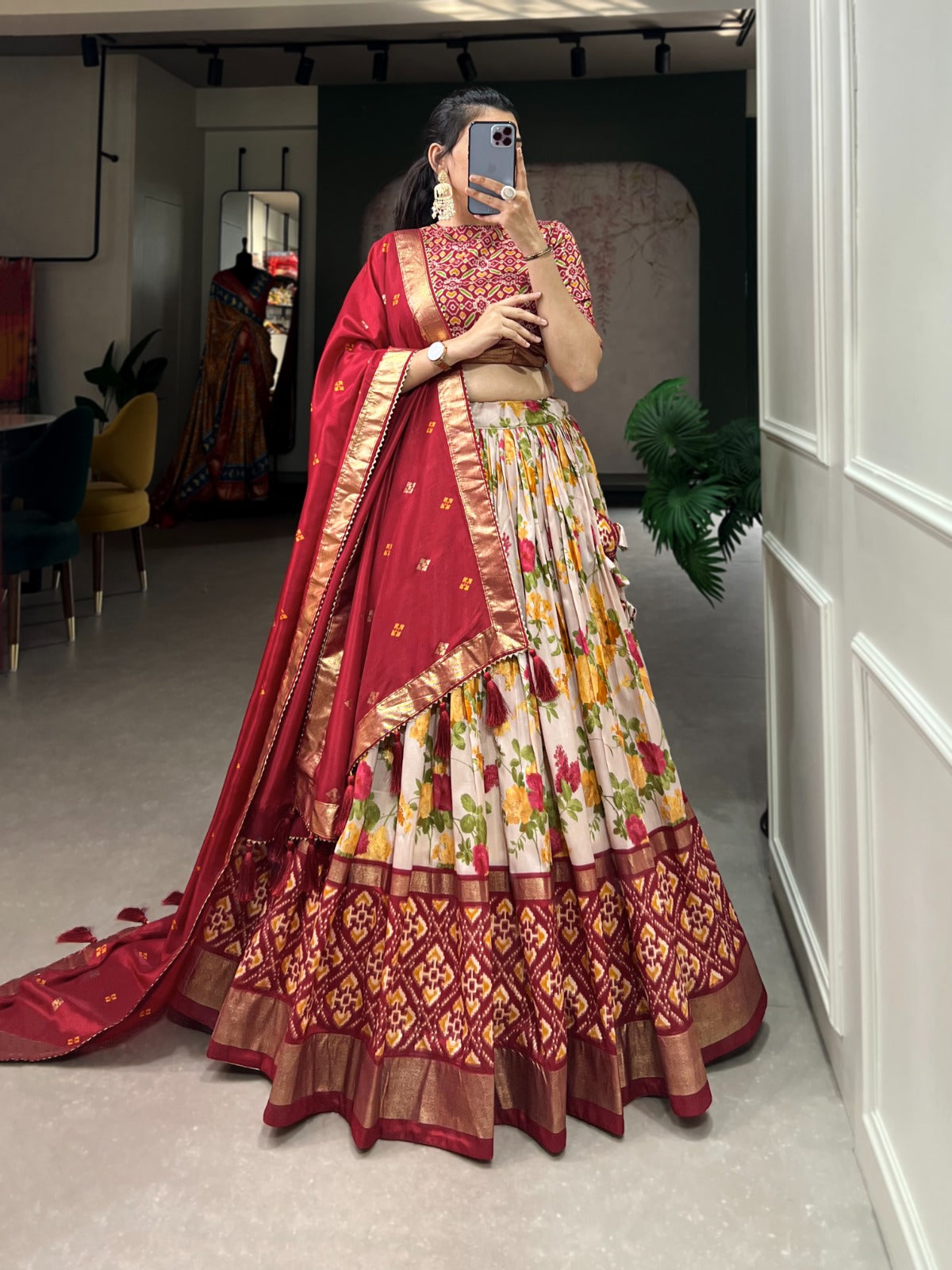 Red Color Printed Tussar Silk Lehenga Choli with Patola and Foil Print