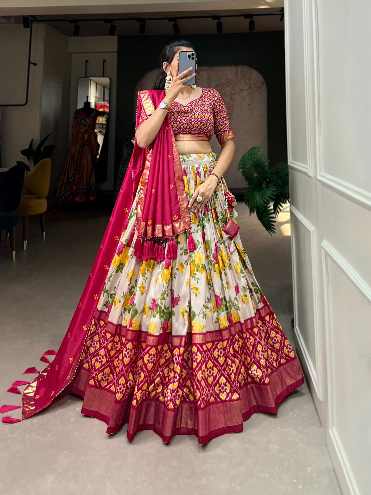 Pink Color Printed Tussar Silk Lehenga Choli with Patola and Foil Print