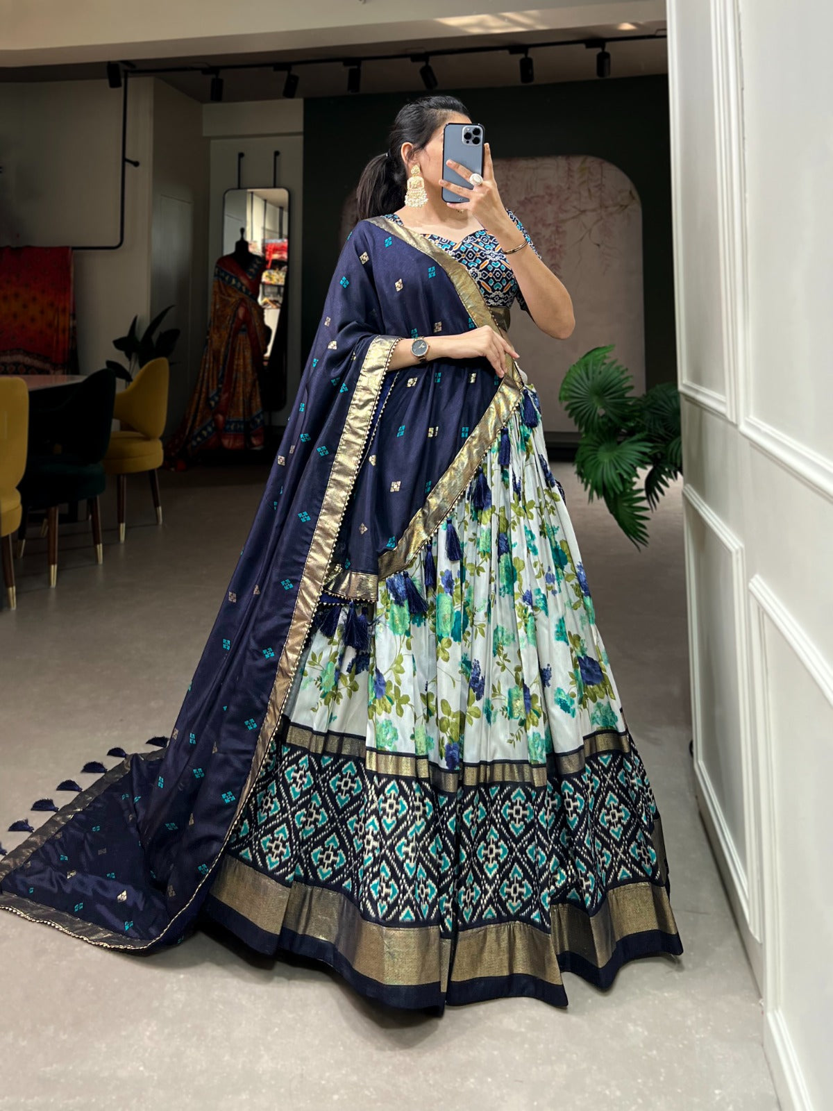 Blue Color Printed Tussar Silk Lehenga Choli with Patola and Foil Print