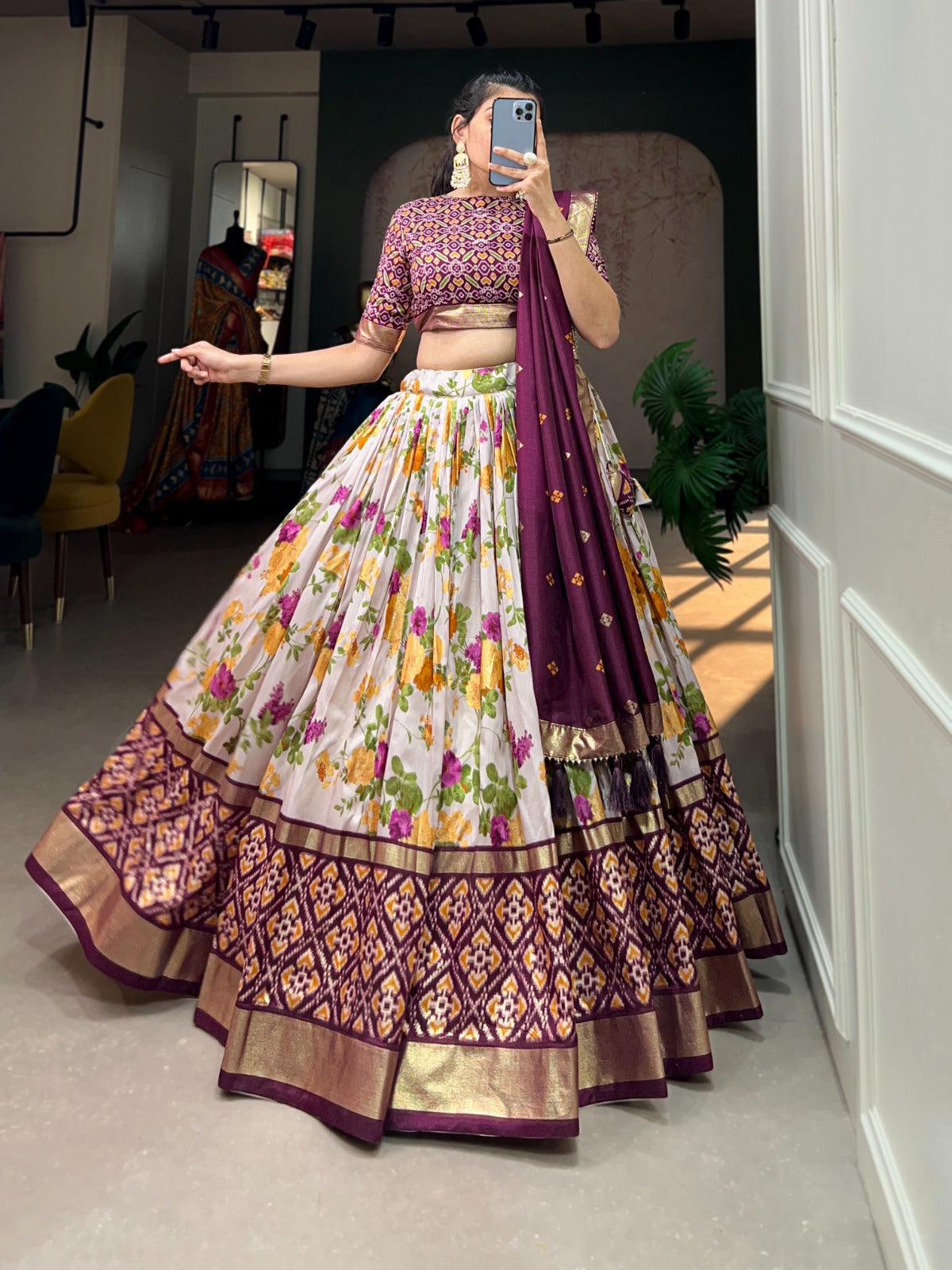 Wine Color Printed Tussar Silk Lehenga Choli with Patola and Foil Print