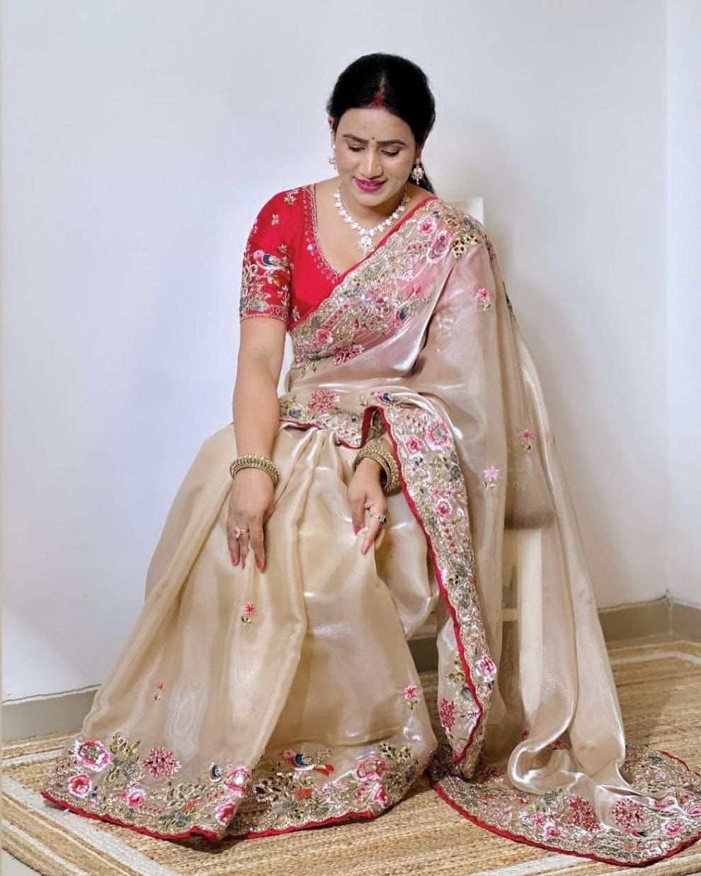 Cream  Color Heavy Jimmy Choo fabric Saree