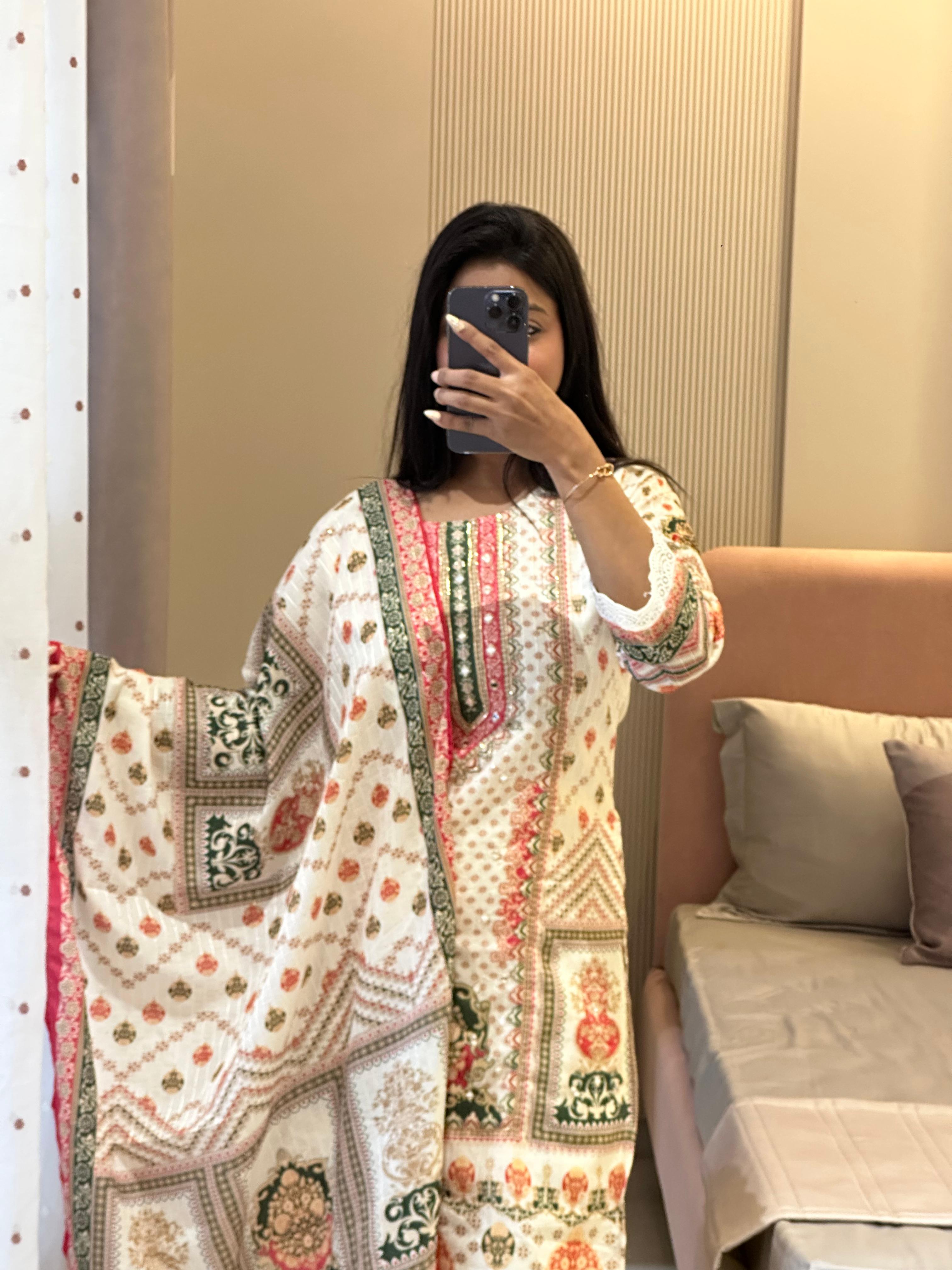 ✨ Muslin Banana Silk Suit Set with Handcrafted Embroidery & Digital Prints ✨