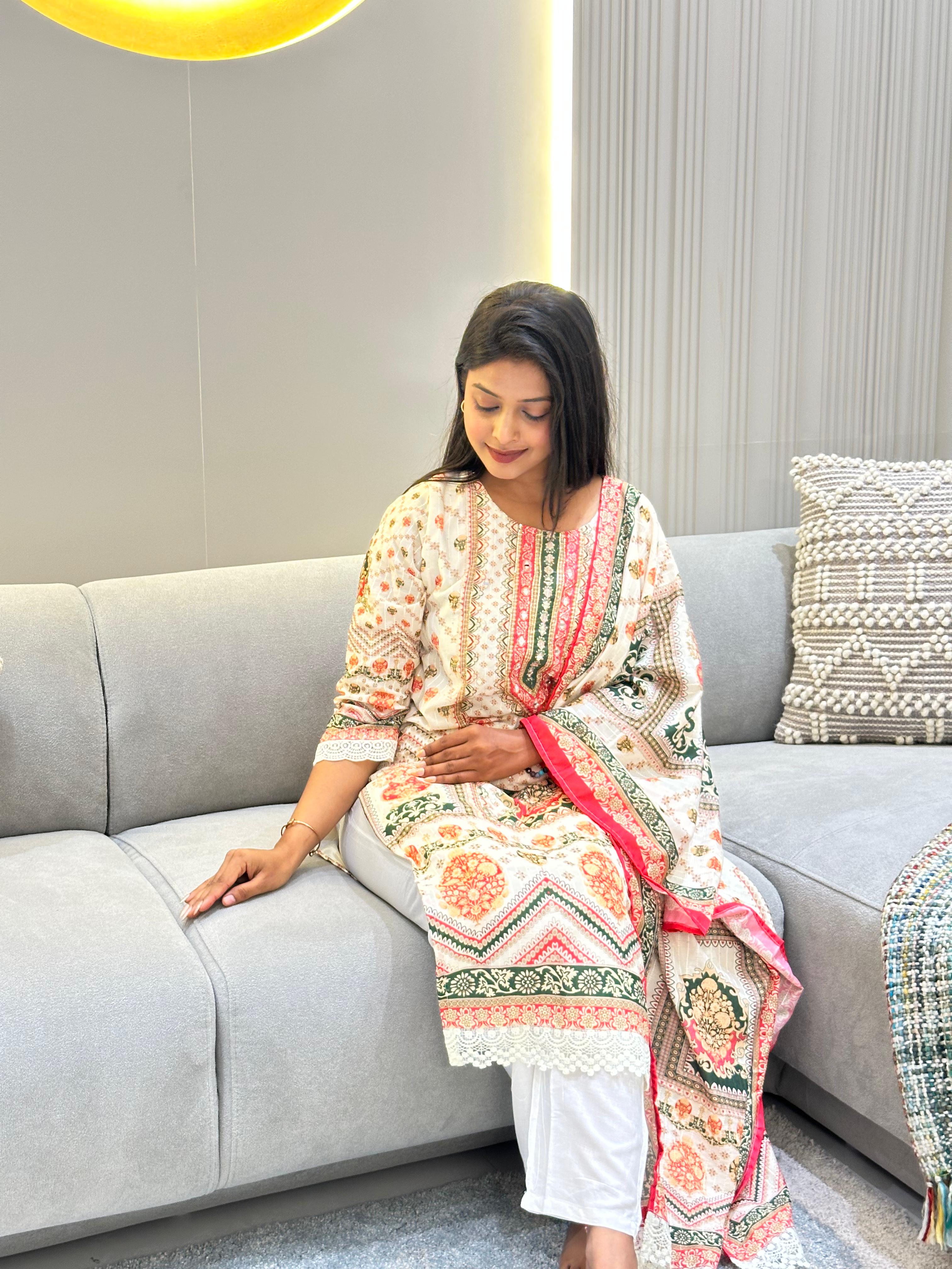 ✨ Muslin Banana Silk Suit Set with Handcrafted Embroidery & Digital Prints ✨
