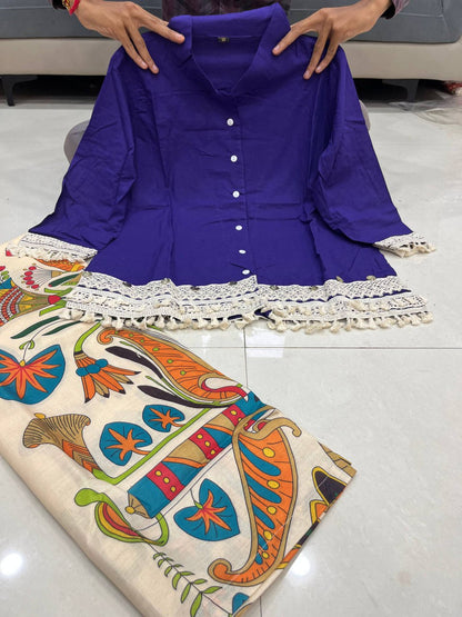 A-Cut Cotton Top with Lace & Digital Print Paired with Plazo | 3 Piece Set with Bracelet