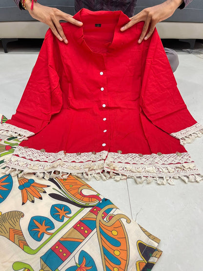A-Cut Cotton Top with Lace & Digital Print Paired with Plazo | 3 Piece Set with Bracelet