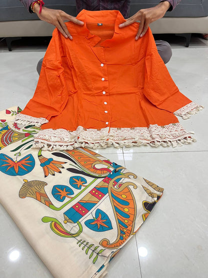 A-Cut Cotton Top with Lace & Digital Print Paired with Plazo | 3 Piece Set with Bracelet