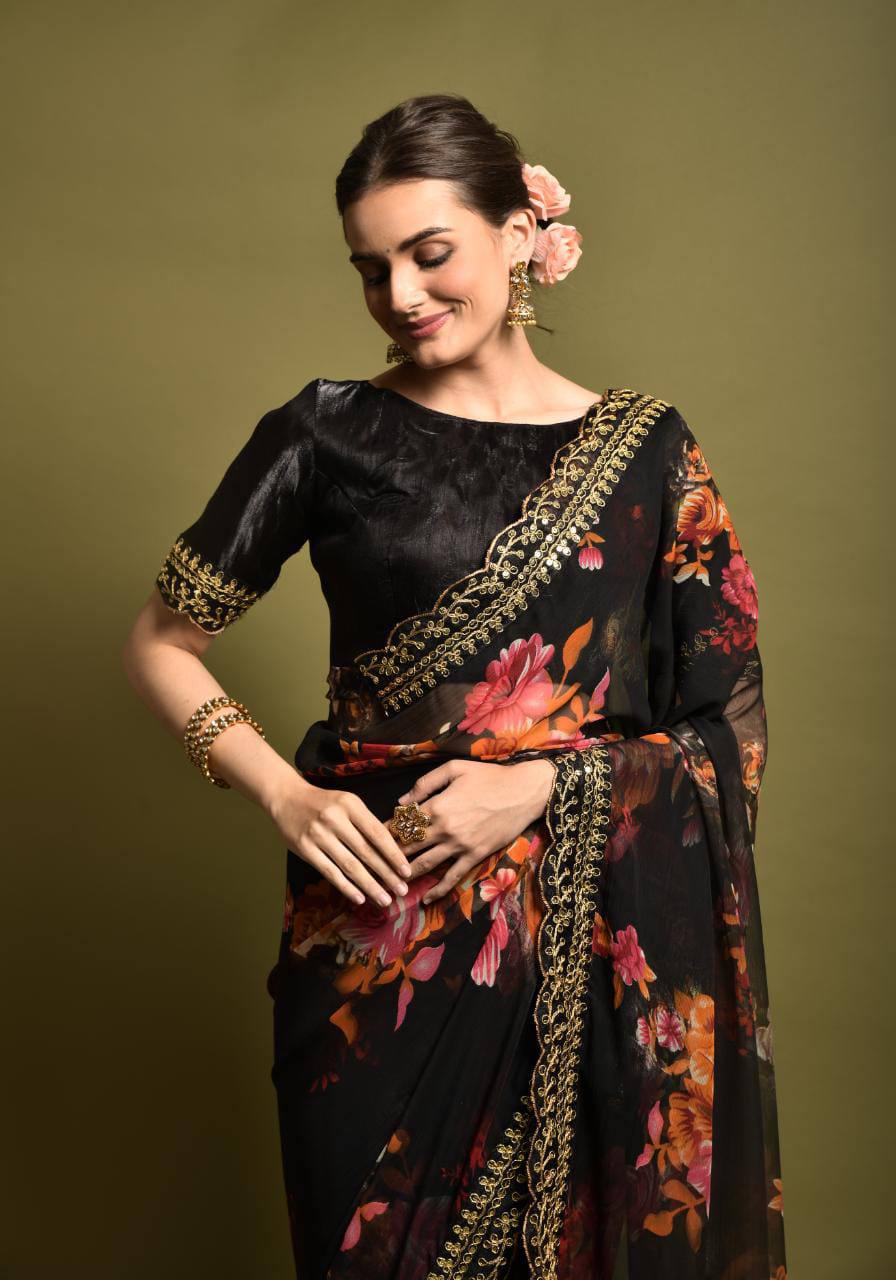 Velly Sarees: Black Georgette Chiffon with Flower Print and Foil Work