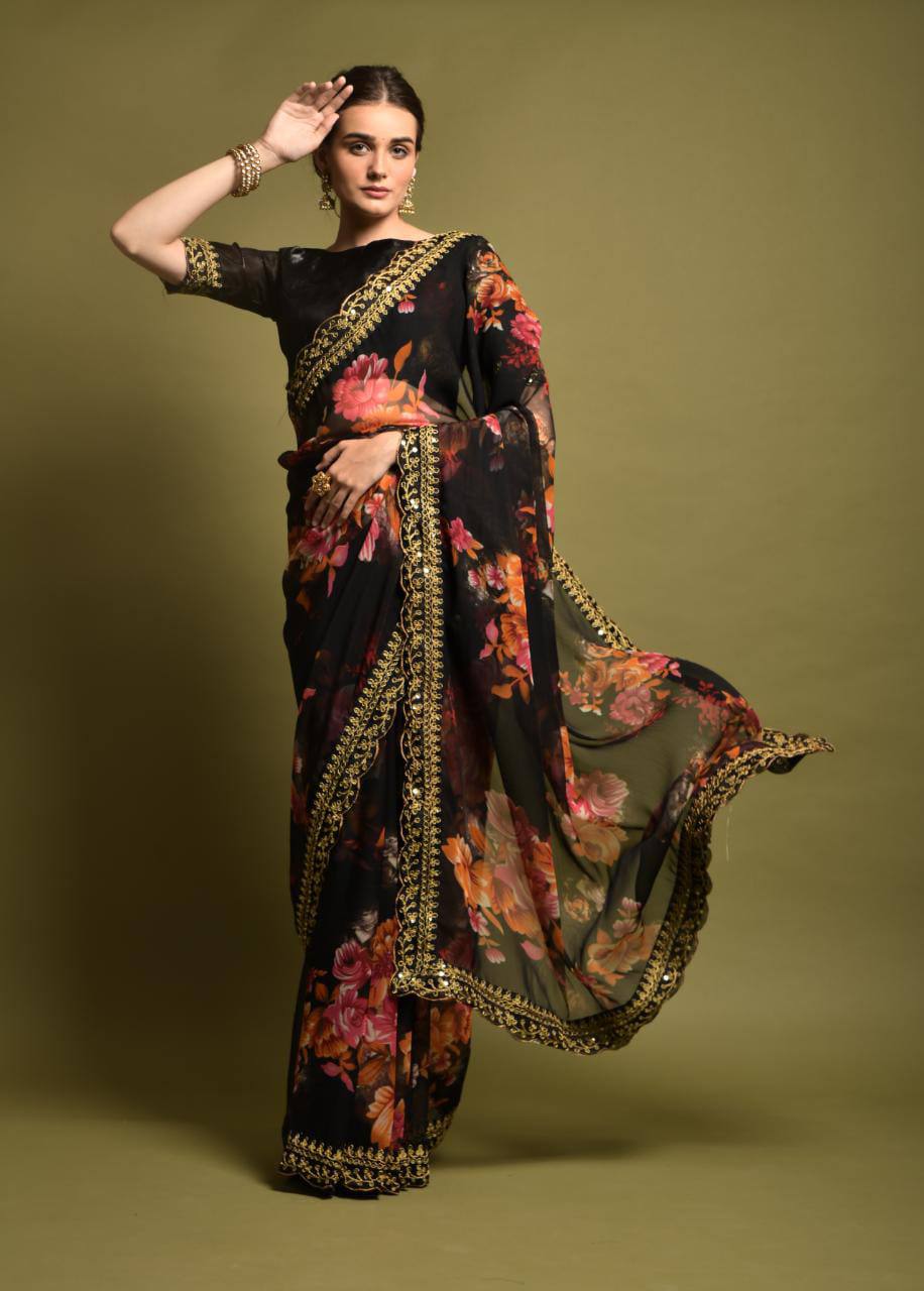 Velly Sarees: Black Georgette Chiffon with Flower Print and Foil Work