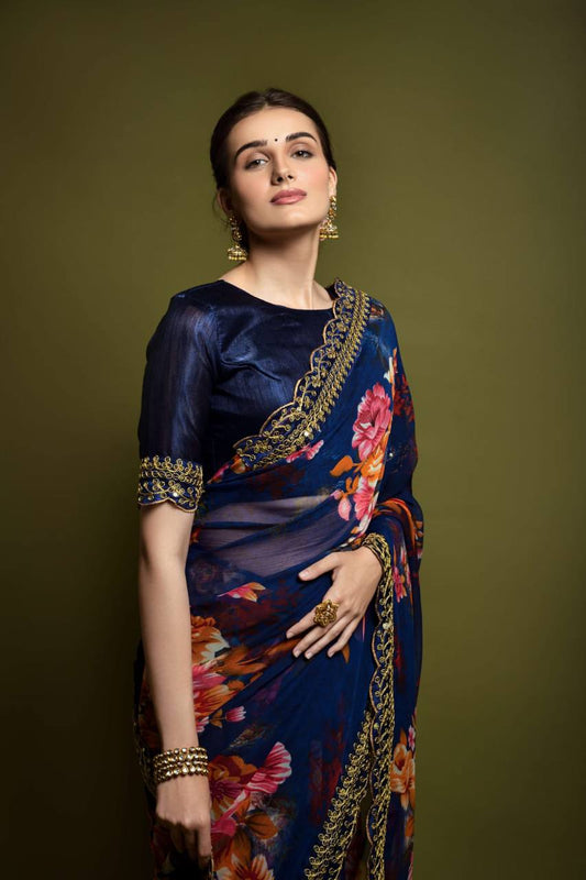 Velly Sarees: Navy Blue Georgette Chiffon with Flower Print and Foil Work