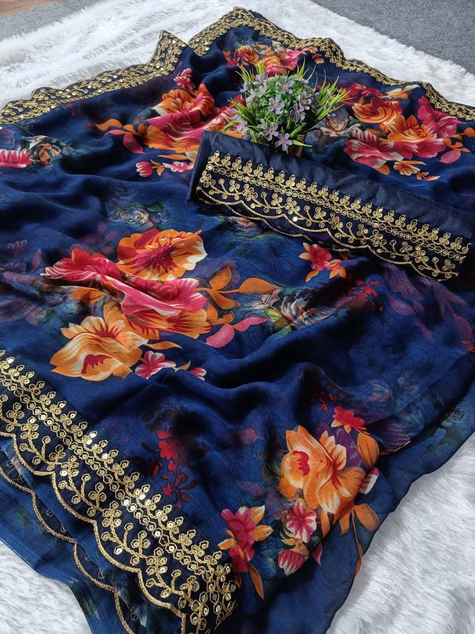 Velly Sarees: Navy Blue Georgette Chiffon with Flower Print and Foil Work