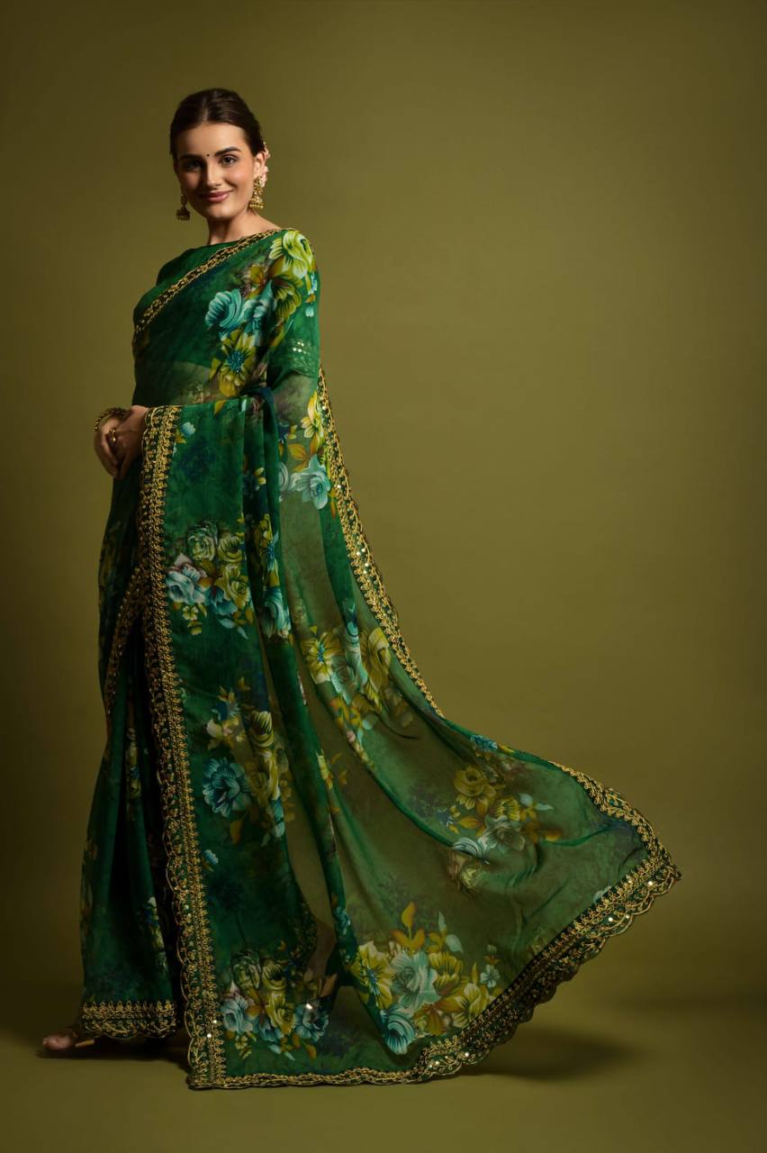 Velly Sarees: Green Georgette Chiffon with Flower Print and Foil Work