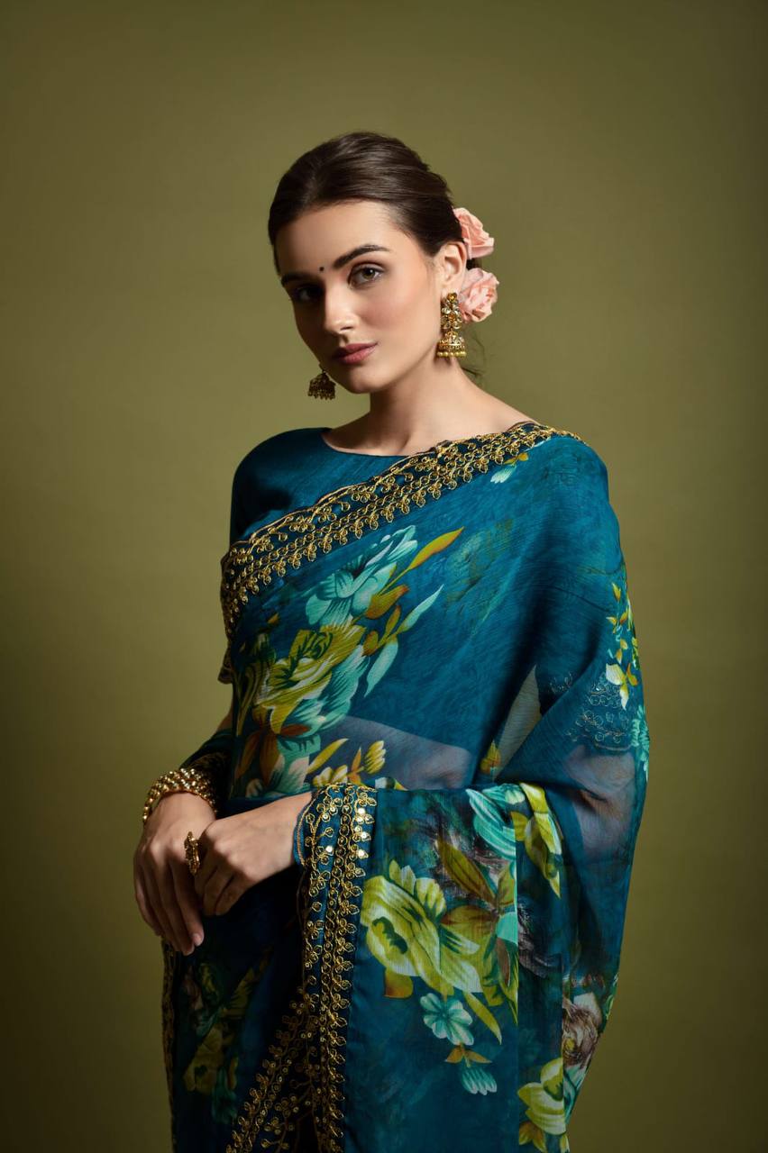 Velly Sarees: Blue Georgette Chiffon with Flower Print and Foil Work