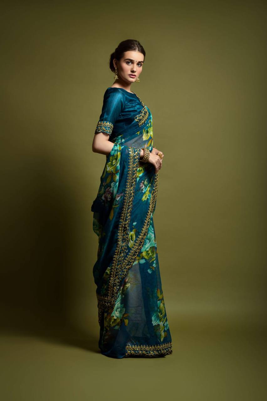 Velly Sarees: Blue Georgette Chiffon with Flower Print and Foil Work