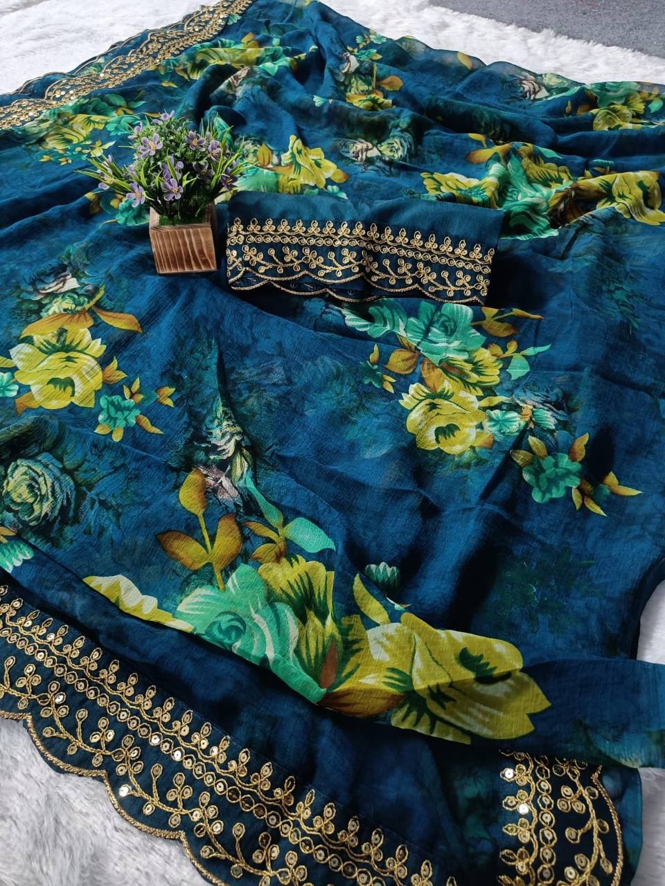 Velly Sarees: Blue Georgette Chiffon with Flower Print and Foil Work