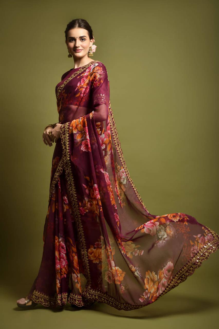 Velly Sarees: Wine Georgette Chiffon with Flower Print and Foil Work