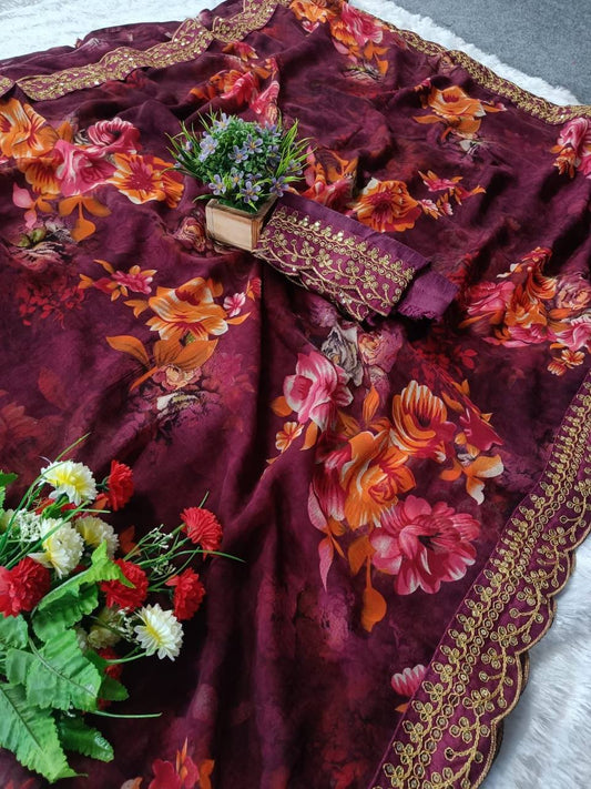 Velly Sarees: Wine Georgette Chiffon with Flower Print and Foil Work