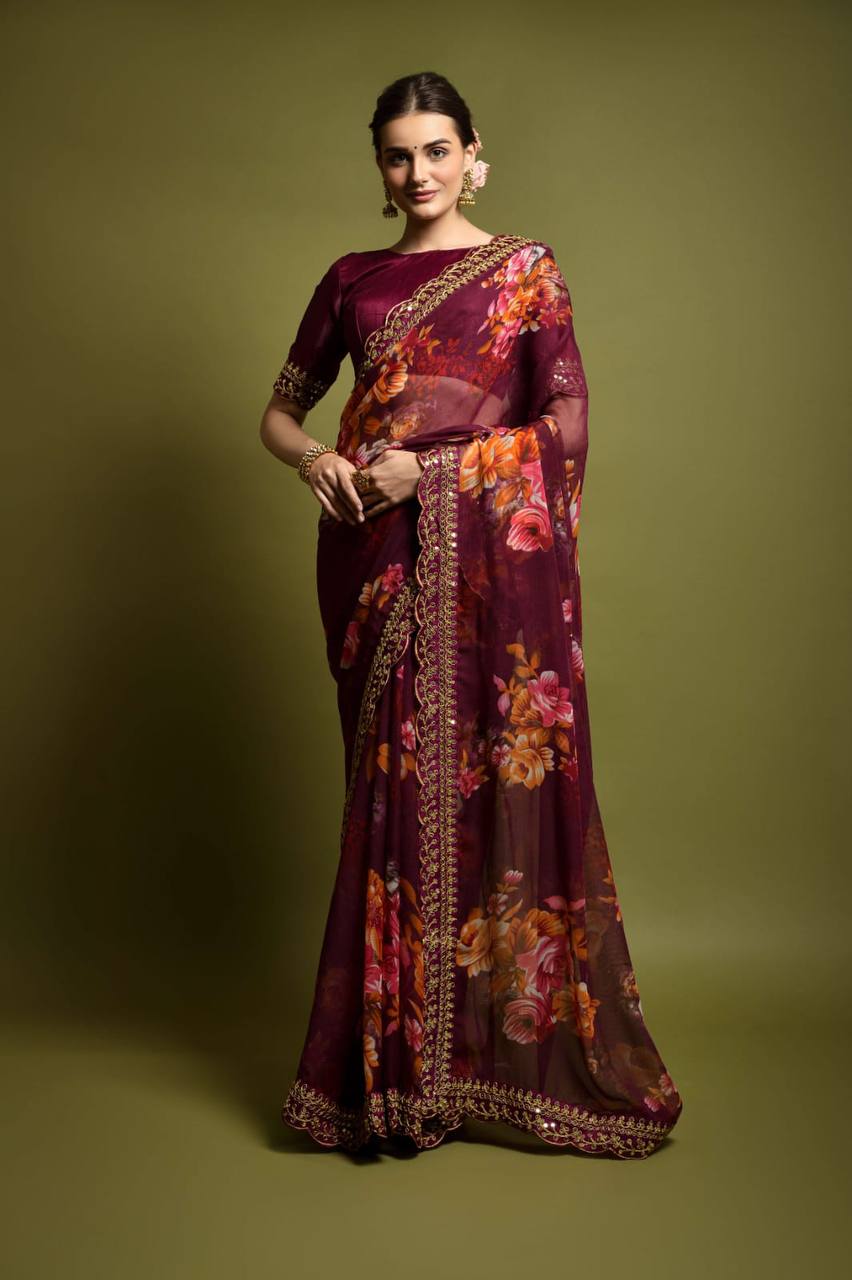 Velly Sarees: Wine Georgette Chiffon with Flower Print and Foil Work