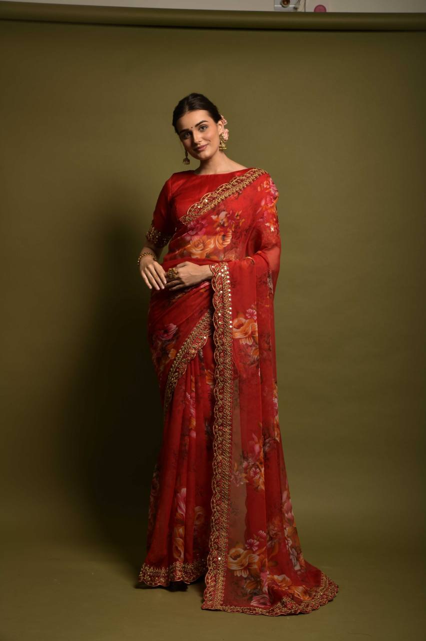 Velly Sarees: Red Georgette Chiffon with Flower Print and Foil Work