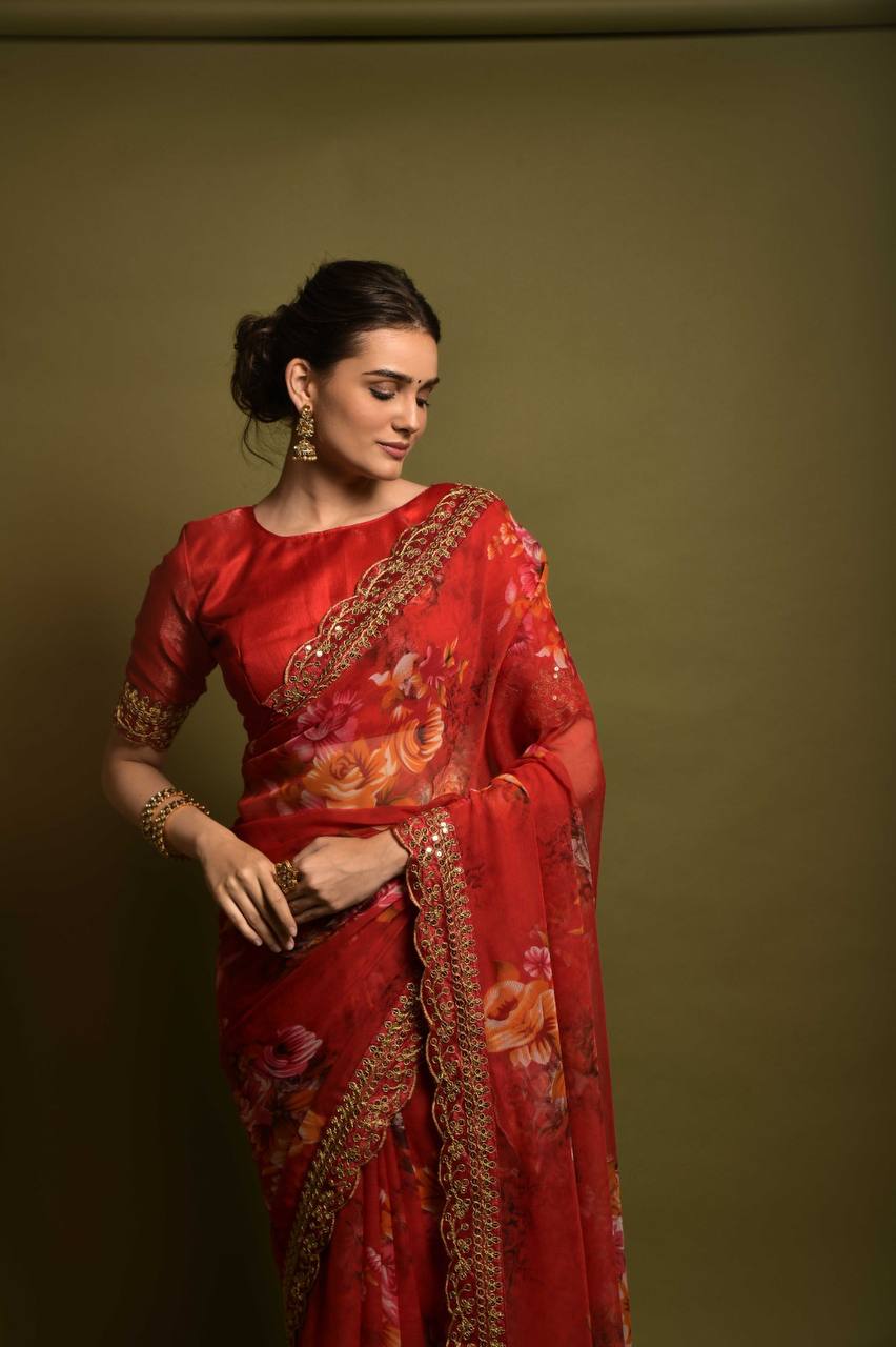 Velly Sarees: Red Georgette Chiffon with Flower Print and Foil Work