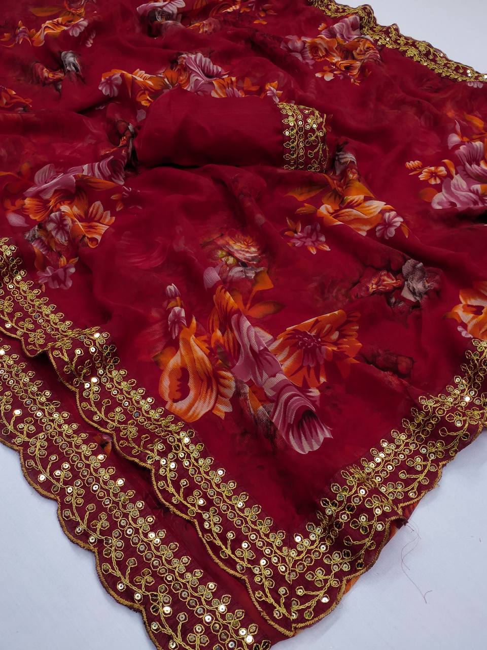 Velly Sarees: Red Georgette Chiffon with Flower Print and Foil Work