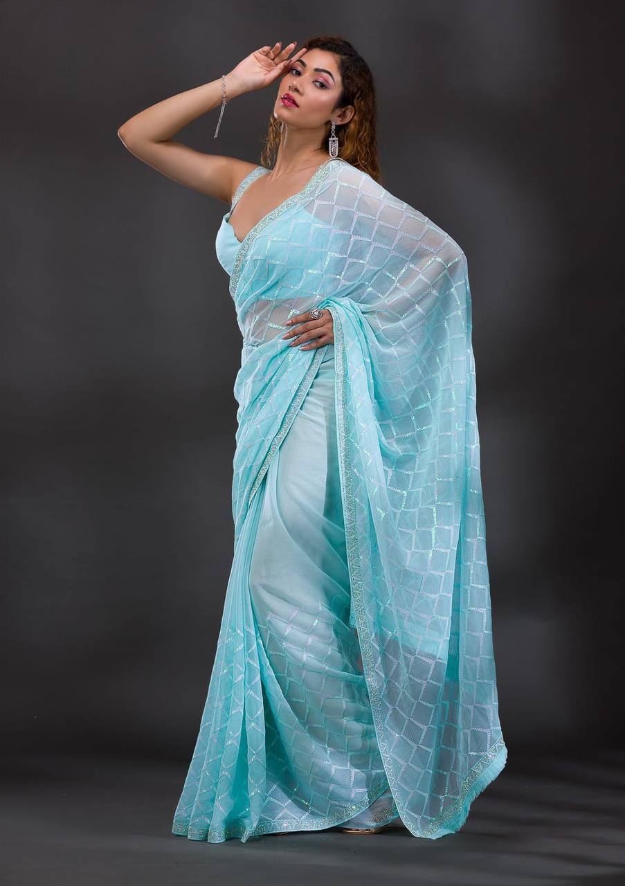 Koshki Sarees: Blue Heavy Chiffon Georgette with Sequence Work