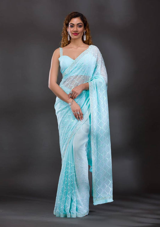 Koshki Sarees: Blue Heavy Chiffon Georgette with Sequence Work