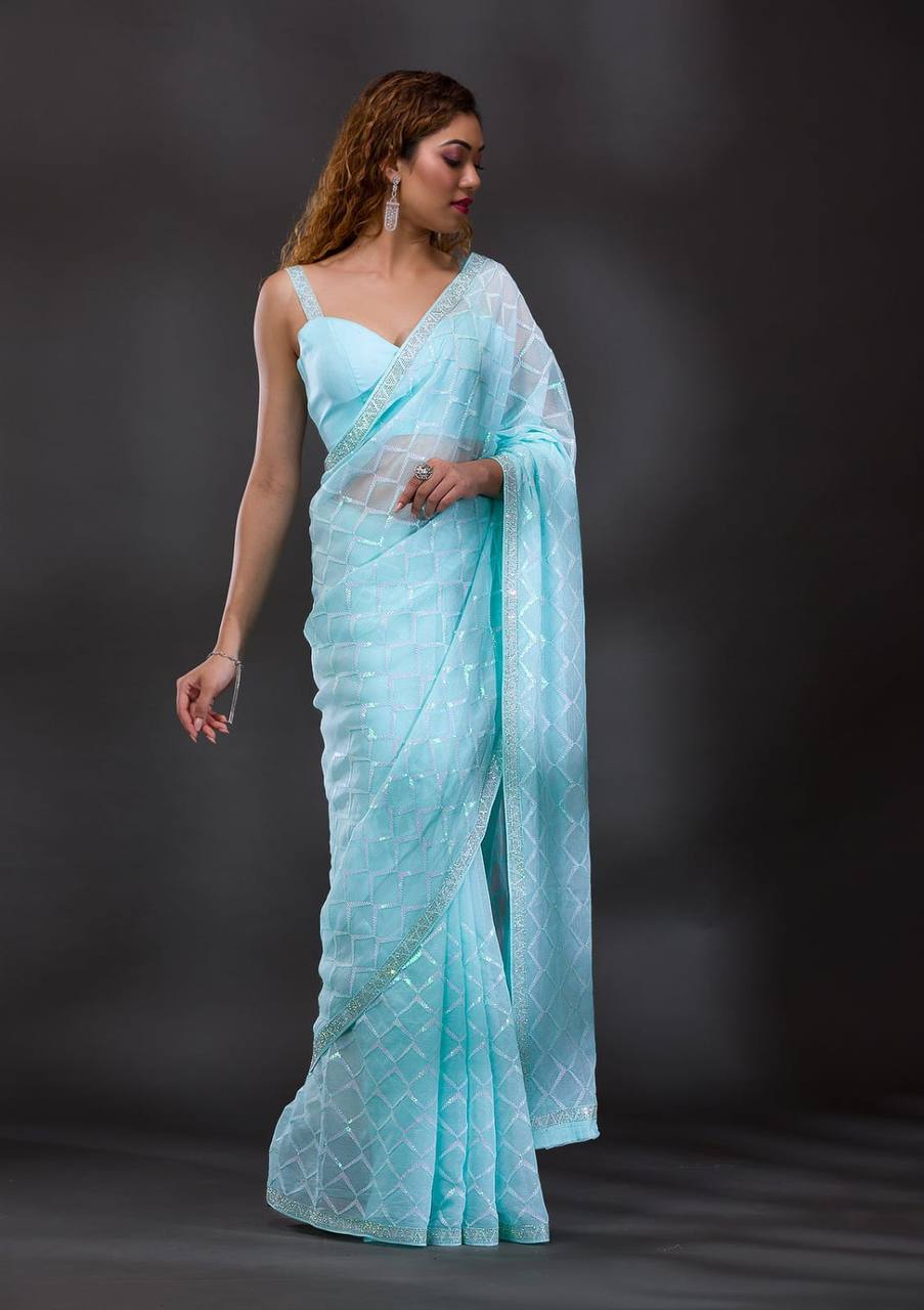 Koshki Sarees: Blue Heavy Chiffon Georgette with Sequence Work