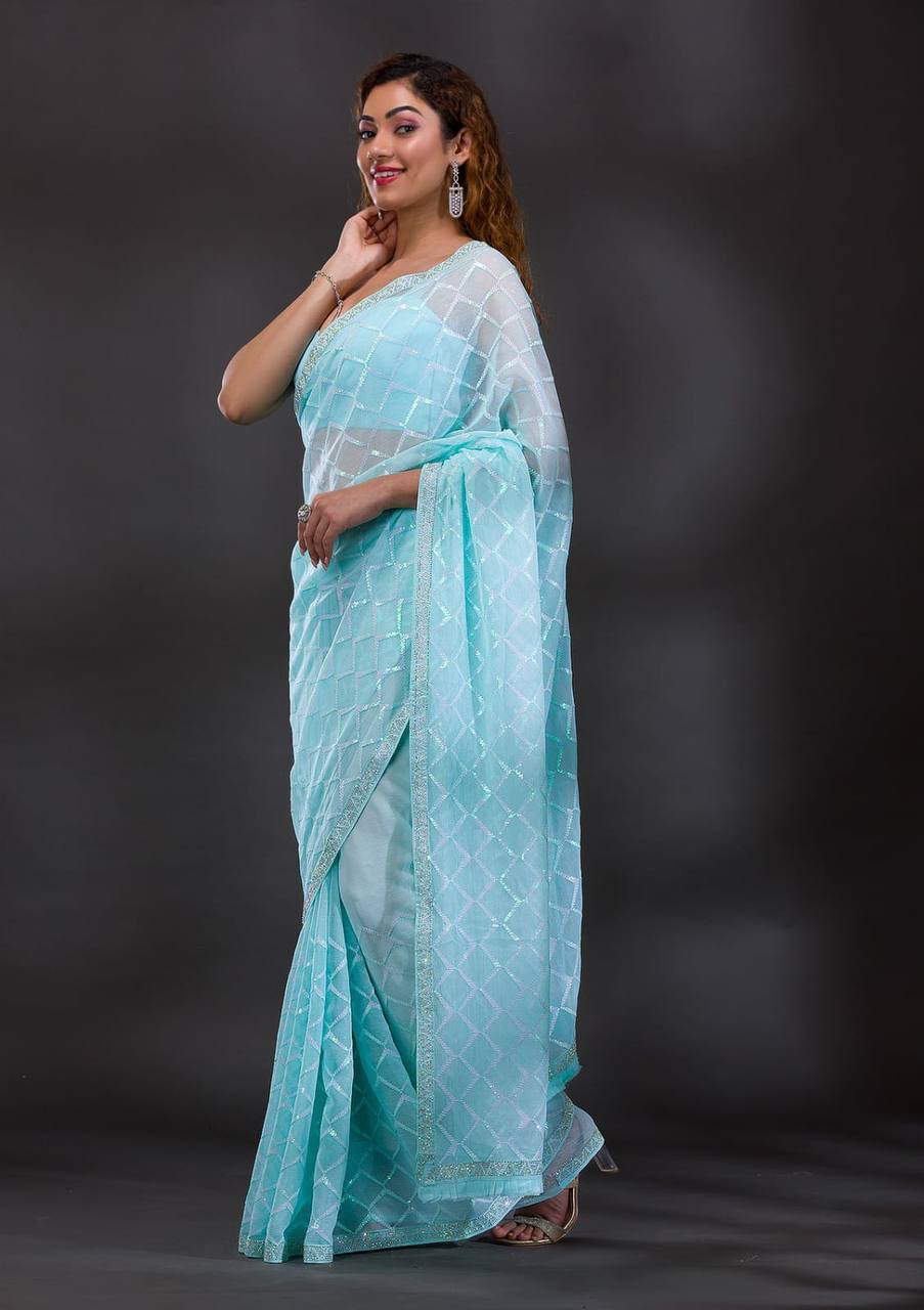 Koshki Sarees: Blue Heavy Chiffon Georgette with Sequence Work