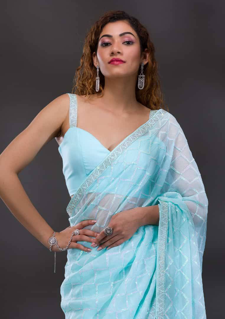 Koshki Sarees: Blue Heavy Chiffon Georgette with Sequence Work