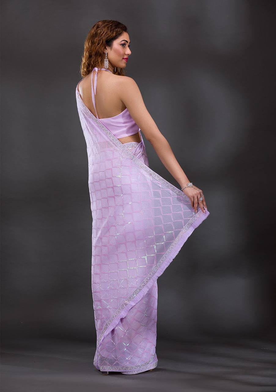 Koshki Sarees: Pink Heavy Chiffon Georgette with Sequence Work