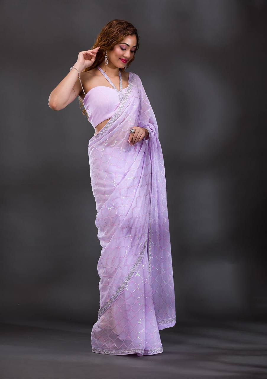 Koshki Sarees: Pink Heavy Chiffon Georgette with Sequence Work