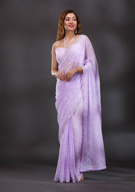 Koshki Sarees: Pink Heavy Chiffon Georgette with Sequence Work