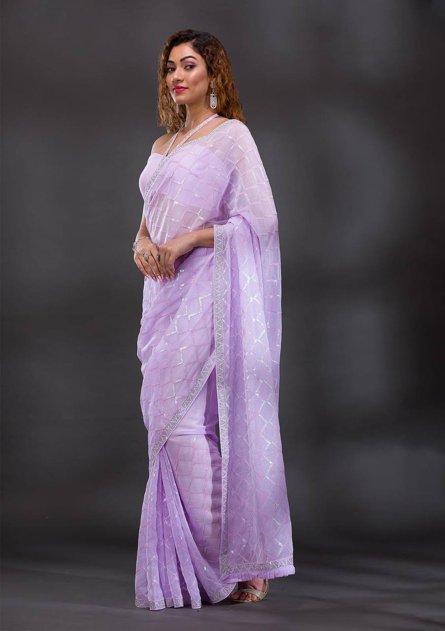 Koshki Sarees: Pink Heavy Chiffon Georgette with Sequence Work