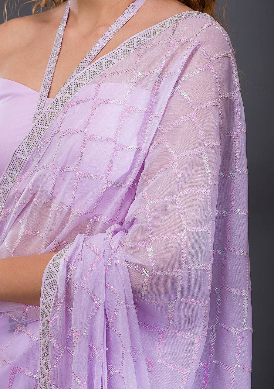 Koshki Sarees: Pink Heavy Chiffon Georgette with Sequence Work