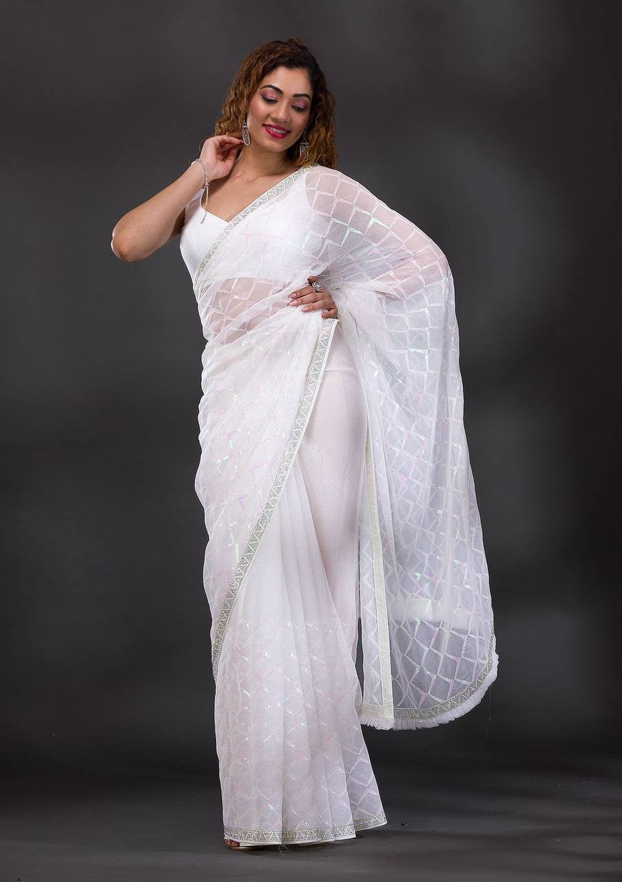 Koshki Sarees: White Heavy Chiffon Georgette with Sequence Work