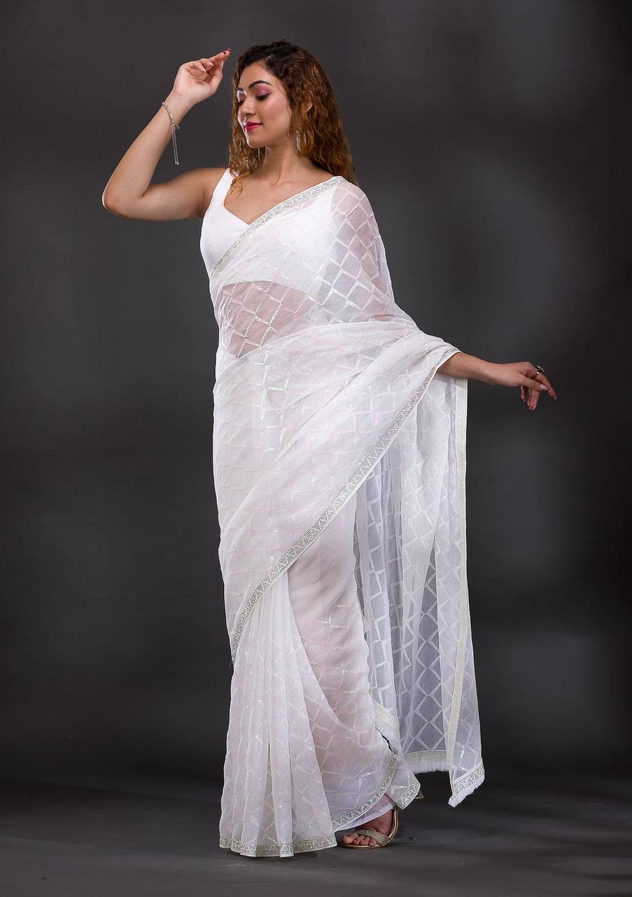 Koshki Sarees: White Heavy Chiffon Georgette with Sequence Work